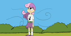 Size: 1600x817 | Tagged: safe, artist:echo-saan, imported from derpibooru, sweetie belle, human, female, humanized, solo, wind