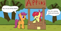 Size: 1600x817 | Tagged: safe, artist:echo-saan, imported from derpibooru, apple bloom, scootaloo, earth pony, pegasus, pony, accent, apple stand, buy some apples, comic, female, filly, illiteracy, lucy's advice booth, open mouth, peanuts, sarcasm, snappy answers to stupid questions, speech bubble, stupid question