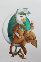 Size: 669x993 | Tagged: safe, artist:segraece, imported from derpibooru, oc, oc only, oc:charlene, griffon, alcohol, glass, heterochromia, sitting, solo, traditional art, wine