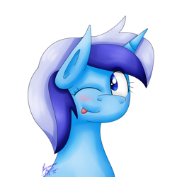 Size: 1484x1484 | Tagged: safe, artist:hurricanestarpegasus, imported from derpibooru, minuette, pony, unicorn, :p, female, one eye closed, signature, solo, tongue out, wink