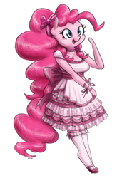 Size: 1000x1406 | Tagged: safe, artist:king-kakapo, imported from derpibooru, pinkie pie, anthro, unguligrade anthro, arm hooves, clothes, dress, female, frilly dress, mary janes, multiple variants, ribbon, skirt, socks, solo