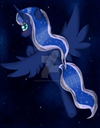 Size: 900x1152 | Tagged: safe, artist:kristinkaponyasha13, imported from derpibooru, princess luna, female, flying, night, solo, watermark