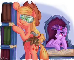 Size: 1044x850 | Tagged: safe, artist:jowyb, artist:jowybean, imported from derpibooru, applejack, twilight sparkle, alicorn, earth pony, pony, twijack weekly, bipedal, book, bookshelf, eyeroll, female, goggles, hammer, lesbian, mare, shipping, toolbelt, twijack, twilight sparkle (alicorn), utility belt