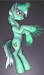 Size: 729x1233 | Tagged: safe, artist:alleynur, artist:alleynurr, imported from derpibooru, lyra heartstrings, pony, unicorn, bipedal, female, glowing horn, hand, horn, magic, magic hands, magical hands, solo