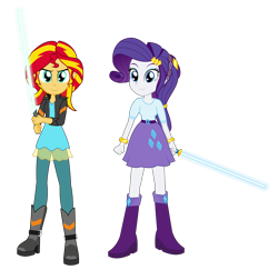 Size: 2730x2649 | Tagged: safe, artist:amante56, imported from derpibooru, rarity, sunset shimmer, equestria girls, 20th century fox, boots, bracelet, clothes, crossover, disney, duo, jedi, leather jacket, lightsaber, looking at you, lucasfilm, skirt, star wars