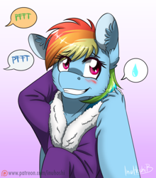 Size: 900x1024 | Tagged: safe, artist:inuhoshi-to-darkpen, imported from derpibooru, rainbow dash, applejack's "day" off, bathrobe, blushing, clothes, cute, dashabetes, female, head scratch, patreon, patreon logo, signature, solo