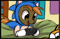 Size: 1075x695 | Tagged: source needed, useless source url, safe, artist:starshinebeast, imported from derpibooru, button mash, earth pony, fox, pony, atari lynx, buttonbetes, clothes, colt, cosplay, costume, crossover, cute, foal, gaming, happy, kigurumi, male, miles "tails" prower, onesie, plushie, solo, sonic onesie, sonic the hedgehog, sonic the hedgehog (series), tails plushie