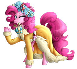 Size: 2000x1800 | Tagged: safe, artist:kikirdcz, imported from derpibooru, pinkie pie, spirit of hearth's warming presents, a hearth's warming tail, clothes, female, mouth hold, present, raised hoof, robe, signature, simple background, solo, transparent background, wink