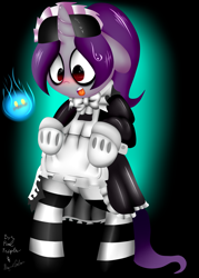 Size: 2500x3500 | Tagged: safe, artist:fullmetalpikmin, artist:paulpeopless, imported from derpibooru, oc, oc only, oc:rosey ring, pony, bipedal, blushing, clothes, creepy crawlers, cute, maid, socks, solo, striped socks, sweatdrop, thigh highs