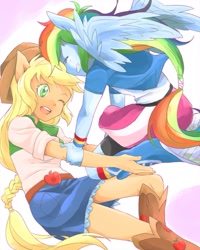 Size: 1024x1278 | Tagged: safe, artist:kurimo, deleted from derpibooru, imported from derpibooru, applejack, rainbow dash, equestria girls, appledash, boots, clothes, compression shorts, denim skirt, lesbian, ponied up, shipping, shorts, skirt