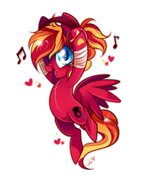 Size: 1000x1238 | Tagged: safe, artist:ipun, imported from derpibooru, oc, oc only, oc:fire strike, pegasus, pony, bipedal, blushing, dancing, headphones, heart, heart eyes, music notes, simple background, solo, transparent background, wingding eyes