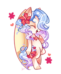 Size: 1000x1212 | Tagged: safe, artist:ipun, imported from derpibooru, oc, oc only, oc:kala, original species, pond pony, pony, bipedal, blushing, eyes closed, female, flower, flower in hair, heart, mare, simple background, smiling, solo, surfboard, transparent background