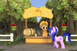 Size: 1095x730 | Tagged: safe, artist:gabe2252, imported from derpibooru, applejack, sea swirl, seafoam, earth pony, pony, unicorn, 3d, apple tree, cider stand, fence, fluffy