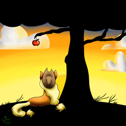 Size: 1024x1024 | Tagged: safe, artist:greenfire2908, imported from derpibooru, applejack, apple, cloud, female, food, prone, rear view, solo, stars, sunset, tree, twilight (astronomy)