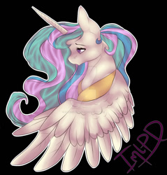 Size: 1024x1069 | Tagged: safe, artist:imlpdailyfnaf18, imported from derpibooru, princess celestia, bust, female, portrait, simple background, solo, watermark