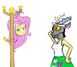 Size: 515x453 | Tagged: safe, artist:notamotobug, edit, imported from derpibooru, discord, fluttershy, draconequus, human, equestria girls, breasts, clothes, coat rack, detachable head, disembodied head, female, hanging, head swap, knot, magic, modular, rule 63, simple background, sketch, skirt, square crossover, tanktop, tied up, wat, white background