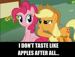 Size: 1276x972 | Tagged: safe, imported from derpibooru, screencap, applejack, pinkie pie, pony, flutter brutter, caption, discovery family logo, hoof in mouth, hoofjack, silly, silly pony, text, who's a silly pony