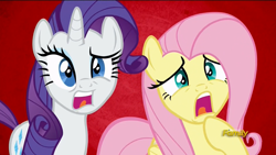 Size: 1920x1080 | Tagged: safe, imported from derpibooru, screencap, fluttershy, rarity, pony, flutter brutter, discovery family logo, reaction image, shocked