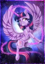 Size: 800x1128 | Tagged: safe, artist:dvixie, deleted from derpibooru, imported from derpibooru, twilight sparkle, alicorn, pony, flying, grin, magic, smiling, solo, spread wings, twilight sparkle (alicorn)