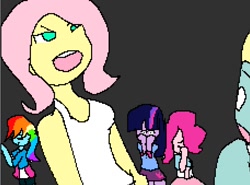 Size: 914x677 | Tagged: safe, artist:everyponys favorite, imported from derpibooru, fluttershy, pinkie pie, rainbow dash, twilight sparkle, zephyr breeze, alicorn, equestria girls, flutter brutter, 1000 hours in ms paint, clothes, compression shorts, equestria girls interpretation, miniskirt, ms paint, scene interpretation, shorts, skirt, twilight sparkle (alicorn)