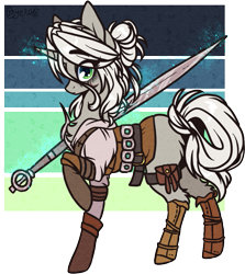 Size: 761x855 | Tagged: safe, artist:tay-niko-yanuciq, artist:tenebristayga, imported from derpibooru, pony, unicorn, ciri, clothes, crossover, female, mare, ponified, simple background, solo, sword, the witcher, transparent background, weapon