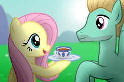 Size: 3048x2029 | Tagged: safe, artist:lil-lovey, imported from derpibooru, fluttershy, zephyr breeze, pegasus, pony, flutter brutter, brother and sister, cup, duo, female, food, male, mare, siblings, stallion, tea, teacup