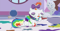 Size: 1278x677 | Tagged: safe, imported from derpibooru, screencap, opalescence, flutter brutter, discovery family logo, paint, rainbopal
