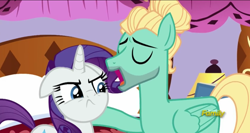 Size: 1278x679 | Tagged: safe, imported from derpibooru, screencap, rarity, zephyr breeze, pegasus, pony, unicorn, flutter brutter, >:c, discovery family logo, female, floppy ears, male, mare, rarity is not amused, stallion, unamused