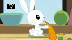 Size: 500x281 | Tagged: safe, imported from derpibooru, screencap, angel bunny, zephyr breeze, pony, flutter brutter, animated, carrot, discovery family logo, food, garden gnome