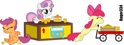 Size: 3094x1121 | Tagged: safe, artist:roger334, imported from derpibooru, apple bloom, scootaloo, sweetie belle, earth pony, pegasus, pony, unicorn, apple bloom's bow, bipedal, bow, cutie mark crusaders, female, hair bow, inkscape, juice, lemonade, lemonade stand, ponyscape, simple background, transparent background, trio, trio female, vector, wagon