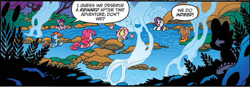 Size: 571x199 | Tagged: safe, artist:tonyfleecs, idw, imported from derpibooru, applejack, fluttershy, pinkie pie, rainbow dash, rarity, spike, twilight sparkle, alicorn, earth pony, pegasus, pony, ponies of dark water, spoiler:comic, spoiler:comic43, cropped, female, hot springs, mane six, mare, official comic, preview, speech bubble, steam, twilight sparkle (alicorn)