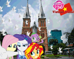 Size: 3000x2400 | Tagged: safe, artist:trungtranhaitrung, imported from derpibooru, fluttershy, rarity, spike, sunset shimmer, dog, pigeon, equestria girls, catholicism, diamond plaza, food, gif, ho chi minh city, maria, non-animated gif, notre dame, plant, selfie, spike the dog, tourist, tree, vietnam