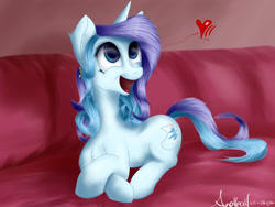 Size: 1920x1440 | Tagged: safe, artist:aurelleah, imported from derpibooru, oc, oc only, oc:wavebud, couch, crossed hooves, cute, digital art, excited, happy, heart, looking up, open mouth, prone, smiling, solo