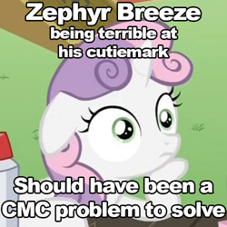 Size: 500x500 | Tagged: safe, edit, edited screencap, imported from derpibooru, screencap, sweetie belle, zephyr breeze, flutter brutter, caption, exploitable meme, female, image macro, meme, obligatory pony, solo, sudden clarity sweetie belle