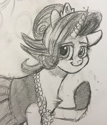 Size: 1242x1461 | Tagged: safe, artist:snowfoxythefox, imported from derpibooru, rarity, the gift of the maud pie, alternate hairstyle, black and white, black dress, chest fluff, clothes, dress, female, gloves, grayscale, monochrome, pencil drawing, smiling, solo, traditional art