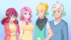 Size: 1280x717 | Tagged: safe, artist:jonfawkes, imported from derpibooru, fluttershy, gentle breeze, posey shy, zephyr breeze, human, flutter brutter, breasts, busty fluttershy, busty posey shy, family, female, gradient background, humanized, shys, the shy family, wing ears