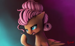 Size: 1920x1200 | Tagged: safe, artist:miokomata, imported from derpibooru, fluttershy, flutter brutter, alternate hairstyle, angry, female, fluttershy is not amused, open mouth, raised hoof, signature, solo