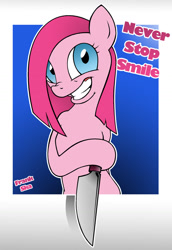 Size: 1024x1489 | Tagged: safe, artist:justfrankska, imported from derpibooru, pinkie pie, pony, female, knife, pinkamena diane pie, solo