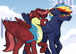 Size: 2621x1870 | Tagged: safe, artist:kianamai, imported from derpibooru, oc, oc only, oc:hot head, oc:prism bolt, kilalaverse, blushing, cloudsdale, gay, grin, male, next generation, offspring, parent:oc:candle wick, parent:oc:flashpoint, parent:rainbow dash, parent:soarin', parents:oc x oc, parents:soarindash, shipping, smiling, wonderbolt trainee uniform