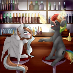 Size: 894x894 | Tagged: safe, artist:doodle-28, imported from derpibooru, oc, oc only, oc:krylone, oc:waffles, pegasus, pony, unicorn, bar, blushing, booze, cider, drunk, duo, ear blush, female, friends, glowing horn, laughing, long mane, magic, male, mare, rainbow hair, stallion, telekinesis