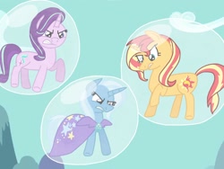 Size: 2048x1536 | Tagged: safe, artist:kindheart525, imported from derpibooru, starlight glimmer, sunset shimmer, trixie, pony, unicorn, angry, bubble, counterparts, in bubble, magical trio, twilight's counterparts