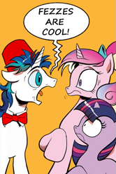 Size: 365x549 | Tagged: safe, artist:andypriceart, edit, idw, imported from derpibooru, princess cadance, shining armor, twilight sparkle, alicorn, pony, unicorn, neigh anything, spoiler:comic, spoiler:comic11, dishevelled, doctor who, exploitable meme, female, fez, filly, filly twilight sparkle, foal, hat, male, meme, necktie, obligatory pony, screaming armor, speech bubble, teen princess cadance, teenager, unicorn twilight, younger