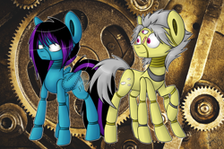 Size: 1024x680 | Tagged: safe, artist:despotshy, imported from derpibooru, oc, oc only, oc:despy, oc:nell, earth pony, pegasus, pony, robot, robot pony, blue coat, multiple eyes, multiple legs, multiple limbs, pink eyes, six-legged pony, third eye, three eyes, yellow coat