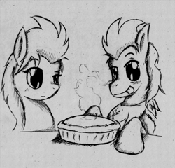 Size: 900x864 | Tagged: safe, artist:angrycaboose, imported from derpibooru, soarin', spitfire, pony, female, food, male, monochrome, pie, shipping, soarinfire, straight