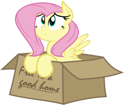 Size: 6000x5089 | Tagged: safe, artist:shoutingisfun, artist:slb94, imported from derpibooru, fluttershy, pony, absurd resolution, box, bronybait, cute, female, flutterbox, free pony, frown, pony in a box, sad, shyabetes, simple background, solo, transparent background