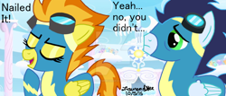 Size: 1024x439 | Tagged: safe, artist:lcponymerch, imported from derpibooru, soarin', spitfire, pony, bragging, clothes, uniform, watermark, wonderbolts uniform