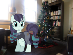 Size: 960x719 | Tagged: safe, artist:eli-j-brony, artist:rasterize, artist:speedox12, edit, imported from derpibooru, coloratura, bookshelf, christmas, christmas tree, clothes, dress, irl, lamp, photo, ponies in real life, raised hoof, rara, solo, tree, vector