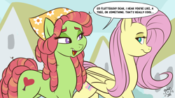 Size: 1280x720 | Tagged: safe, artist:ponut_joe, imported from derpibooru, fluttershy, tree hugger, earth pony, pegasus, pony, bedroom eyes, female, looking at each other, mare, open mouth, smiling