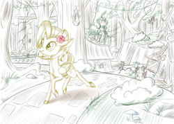 Size: 1200x857 | Tagged: safe, artist:sirzi, imported from derpibooru, oc, oc only, oc:windy leaves, deer, peryton, deer oc, flower, forest, non-pony oc, village