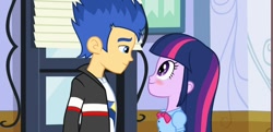 Size: 1366x662 | Tagged: safe, imported from derpibooru, screencap, flash sentry, twilight sparkle, equestria girls, blushing, female, flashlight, male, shipping, size difference, straight